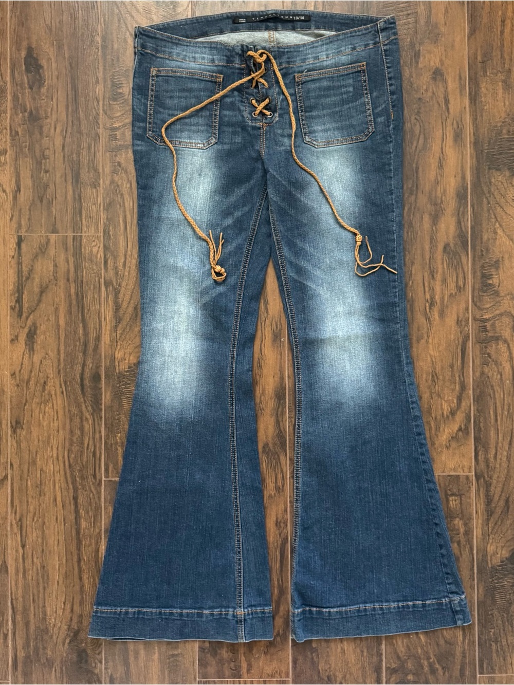 Women's Blue Flared Jeans with Lace-Up Waist